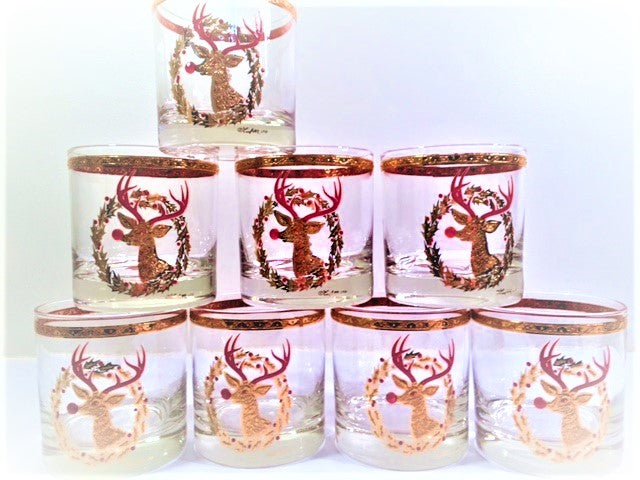 Culver Signed Mid-Century Rudolph The Red Nose Reindeer Old Fashion Glasses - Rare (Set of 8)