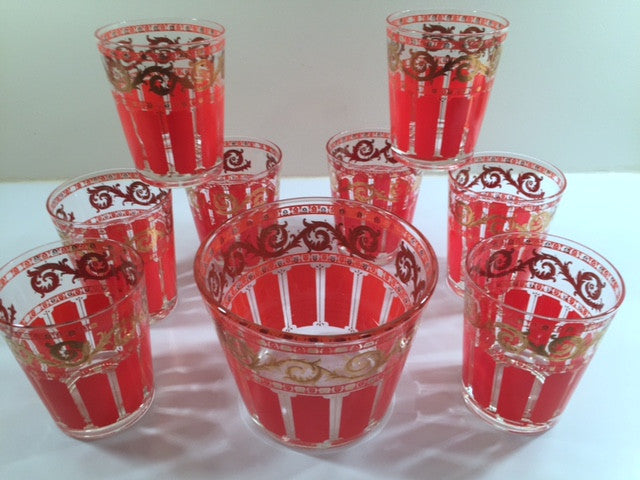 Mid-Century Hollywood Regency 9-Piece Bar Set (8 Double Old Fashion Glasses and Ice Container)