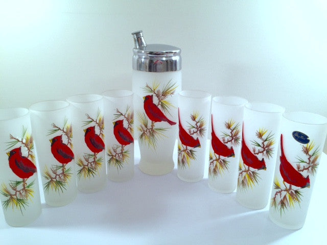 Gay Fad Mid-Century Cardinal and Pine Sprig 9-Piece Bar Set (8 Collins Glasses, Shaker With Lid)