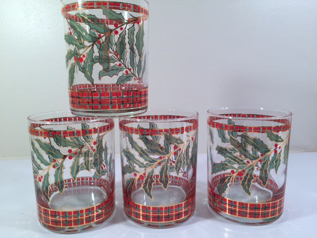 Culver Signed Mid-Century Christmas Holly and Berry Double Old Fashion Glasses (Set of 4)