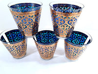 Load image into Gallery viewer, Georges Briard Signed Mid-Century Firenza Blue and 22-Karat Gold Italian Renaissance Cross Double Old Fashion Glasses (Set of 5)
