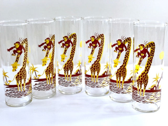 Federal Glass Mid-Century Monkey and Giraffe Tall Collins Glasses (Set of 6)