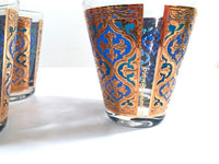 Load image into Gallery viewer, Georges Briard Signed Mid-Century Firenza Blue and 22-Karat Gold Italian Renaissance Cross Double Old Fashion Glasses (Set of 5)
