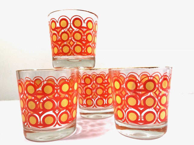 Colony Frolic Groovy Retro Orange & Yellow Circle Old Fashion Glasses (Set of 4)