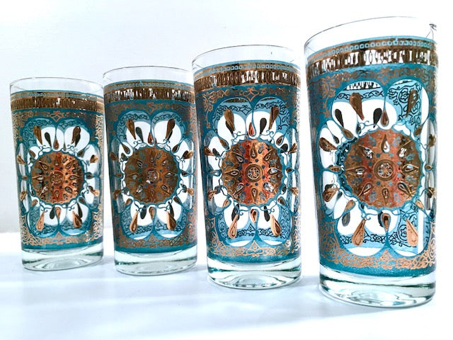 Georges Briard Mid-Century Turquoise and 22-Karat Gold Highball Glasses (Set of 4)