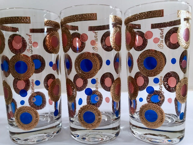 Georges Briard Signed Mid-Century 22-Karat Gold and Colorful Circle Glasses (Set of 6)