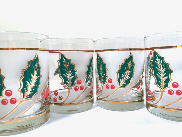 Culver Signed Mid-Century Holly Leaf Double Old Fashion Glasses (Set of 4)
