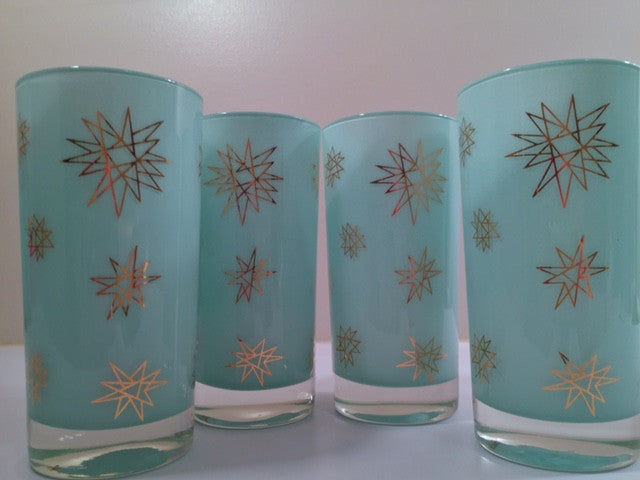 Federal Glass Mid-Century Blue Atomic & 22-Karat Gold Star Glasses (Set of 4)