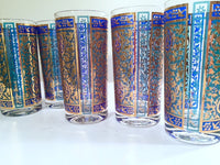 Load image into Gallery viewer, Georges Briard Signed Mid-Century Sari Blue Paisley &amp; 22-Karat Gold Highball Glasses (Set of 6)
