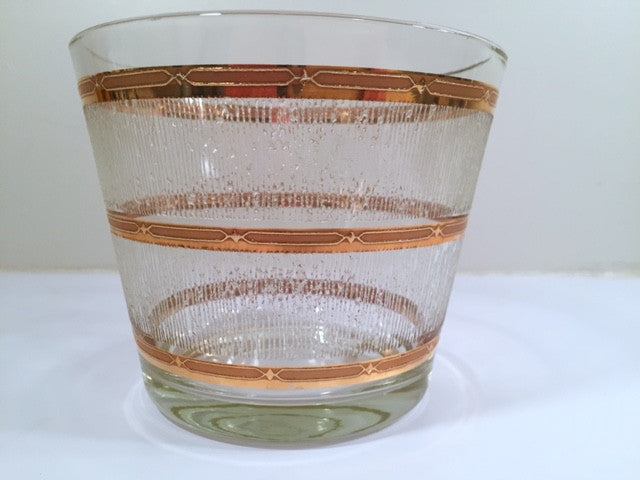Culver Mid-Century Glass Ice Bucket with Frosted Ice and 22-Karat Gold Band Design