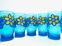 Load image into Gallery viewer, Libbey Retro Blue Flower Power Glasses (Set of 7)
