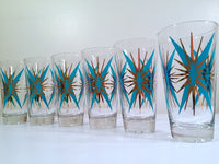 Load image into Gallery viewer, Federal Glass Inca Mid-Century Atomic Turquoise and 22-Karat Gold Starburst Glasses (Set of 6)
