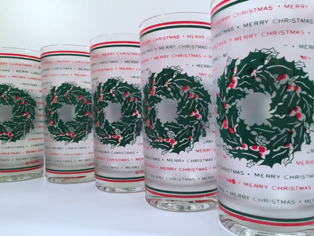 Culver Signed Mid-Century Merry Christmas Wreath Glasses (Set of 7)