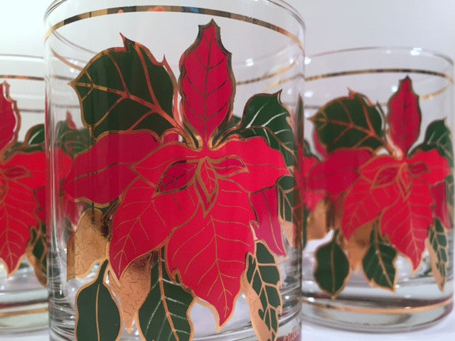 Culver Signed Mid-Century Poinsettia Double Old Fashion Glasses (Set of 4 With Original Box)