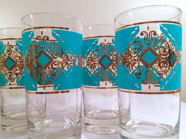Libbey Mid-Century Turquoise and 22-Karat Gold Highball Glasses (Set of 8)