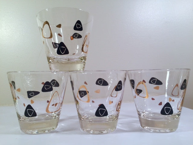 Federal Glass Mid-Century Black and 22-Karat Gold Amoeba Boomerang Glasses (Set of 4)