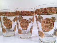 Load image into Gallery viewer, Fred Press Signed Mid-Century Golden Mayan Circle Whiskey-Double Shot Glasses (Set of 6)
