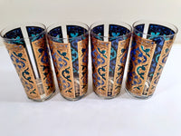 Load image into Gallery viewer, Georges Briard Signed Mid-Century Firenza Blue and 22-Karat Gold Italian Renaissance Cross Highball Glasses (Set of 4)
