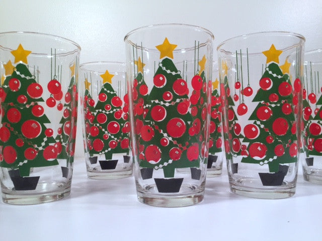 Hazel Atlas Mid-Century Gay Glasses Retro Christmas Trees (Set of 8 With Original Box)