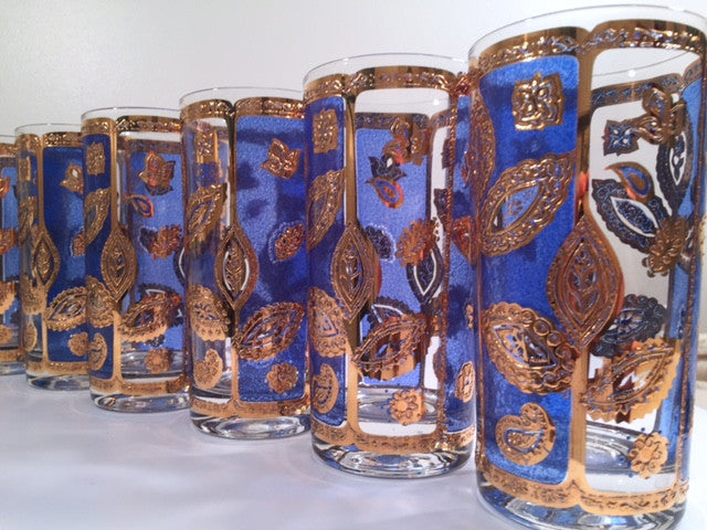 Culver Mid-Century Blue and 22-Karat Gold Leaf Glasses (Set of 8)