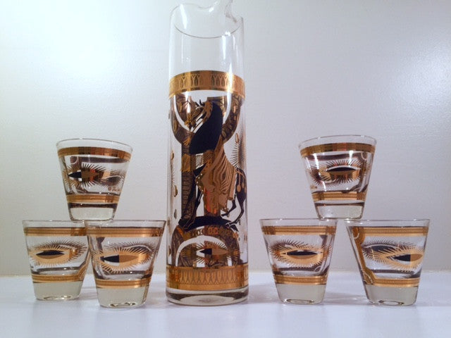 Fred Press Signed Mid-Century Trojan Horse 7-Piece Bar Set (1 Pitcher