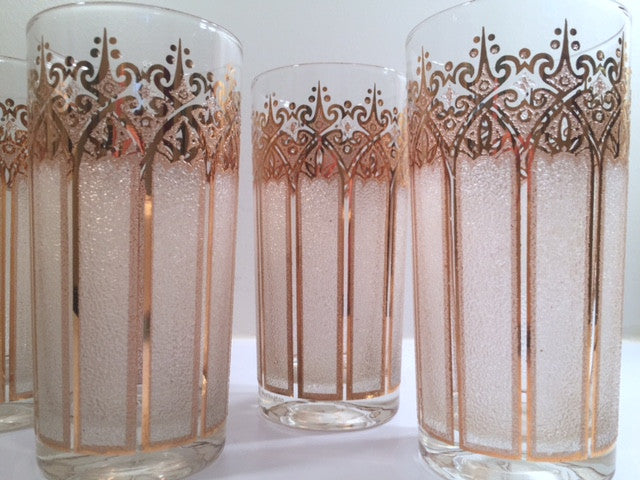 Pasinski Signed Mid-Century 22-Karat Gold and Frosted Highball Glasses (Set of 6)