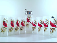 Load image into Gallery viewer, Gay Fad Mid-Century Cardinal and Pine Sprig 9-Piece Bar Set (8 Collins Glasses, Shaker With Lid)
