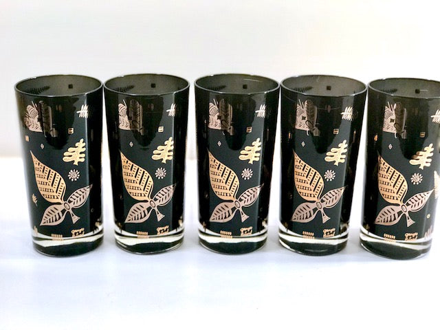 Georges Briard Signed Mid-Century Black and 22-Karat Gold Honey Bee and Nature Glasses (Set of 5)
