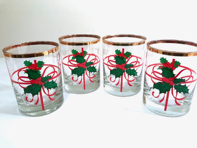 Mid-Century Christmas Holly Berry and Ribbon Double Old Fashion Glasses (Set of 4)