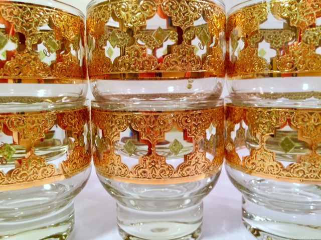 Culver Signed Mid-Century Valencia Green & 22-Karat Gold Whiskey Double Shot Glasses (Set of 6)