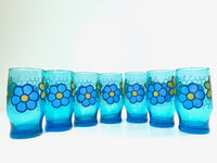 Load image into Gallery viewer, Libbey Retro Blue Flower Power Glasses (Set of 7)

