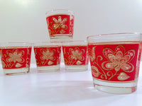 Load image into Gallery viewer, Starlyte Mid-Century Red and 22-Karat Gold Flower Old Fashion Glasses (Set of 5)
