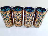 Load image into Gallery viewer, Georges Briard Signed Mid-Century Firenza Blue and 22-Karat Gold Italian Renaissance Cross Highball Glasses (Set of 4)
