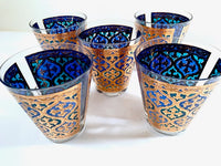 Load image into Gallery viewer, Georges Briard Signed Mid-Century Firenza Blue and 22-Karat Gold Italian Renaissance Cross Double Old Fashion Glasses (Set of 5)
