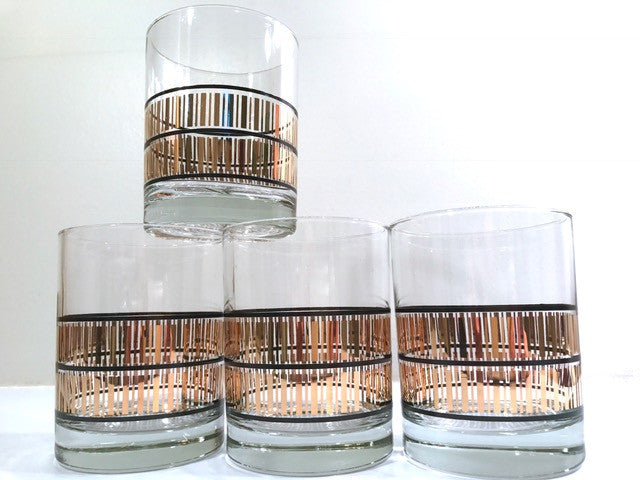 Culver Mid-Century 22-Karat Gold Stripes with Black Bands  Double Old Fashion Glasses (Set of 4)