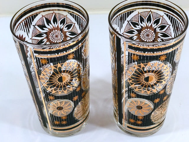 Fred Press Signed Mid-Century Black and 22-Karat Gold Abstract Flower Glasses (Set of 2)