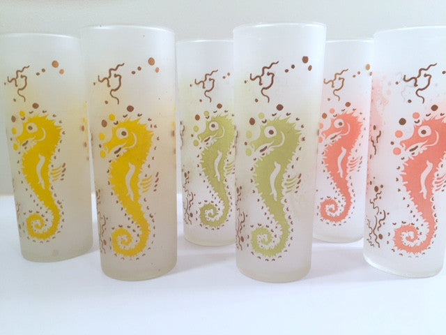 Federal Glass Mid-Century Seahorse Frosted Collins Glasses (Set of 6)