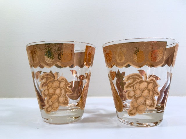 Culver Signed Mid-Century Golden Fruit Double Old Fashion Glasses (Set of 2)
