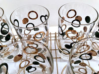 Load image into Gallery viewer, Mid-Century 22-Karat Gold and Black Circle Highball Glasses With Carrier (Set of 8)
