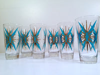 Load image into Gallery viewer, Federal Glass Inca Mid-Century Atomic Turquoise and 22-Karat Gold Starburst Glasses (Set of 6)
