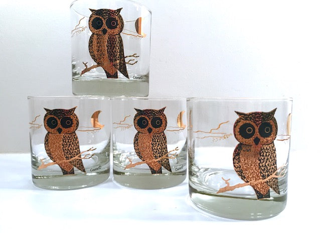 Couroc Signed Mid-Century Black and 22-Karat Gold Owl Old Fashion