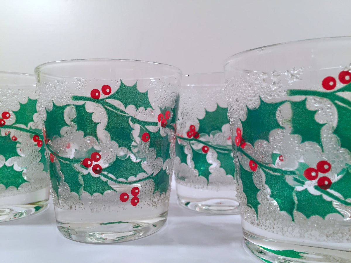 Fred Press Signed Mid-Century Frosted Christmas Holly Old Fashion Glasses (Set of 4)