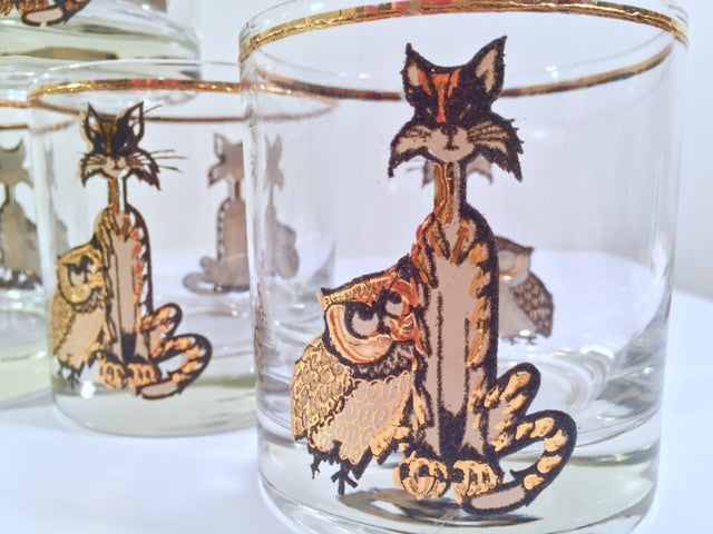 Culver Signed Mid-Century Pussy Cat and Owl Glasses (Set of 7)