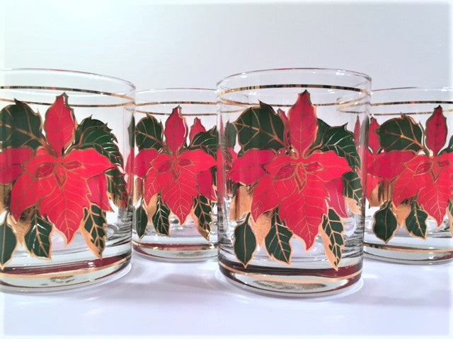 Culver Signed Mid-Century Poinsettia Double Old Fashion Glasses (Set of 4)