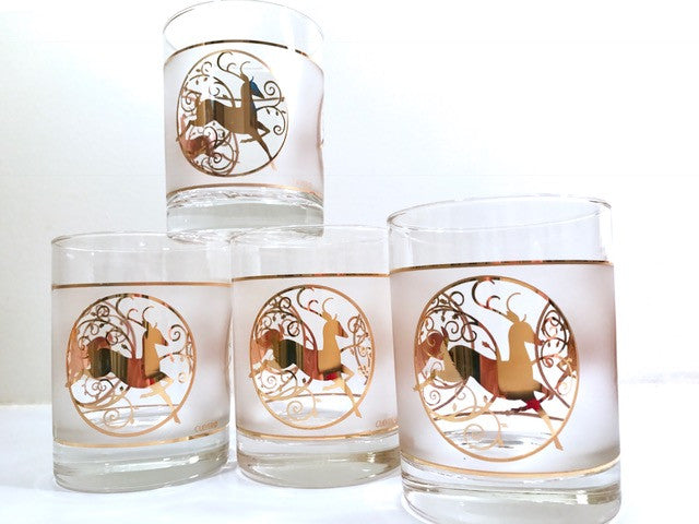 Culver Signed Mid-Century Golden Reindeer Double Old Fashion Glasses (Set of 4)