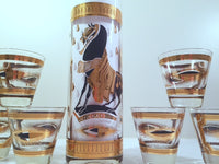 Load image into Gallery viewer, Fred Press Signed Mid-Century Trojan Horse 7-Piece Bar Set (1 Pitcher &amp; 6 Glasses)
