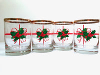 Load image into Gallery viewer, Mid-Century Christmas Holly Berry and Ribbon Double Old Fashion Glasses (Set of 4)
