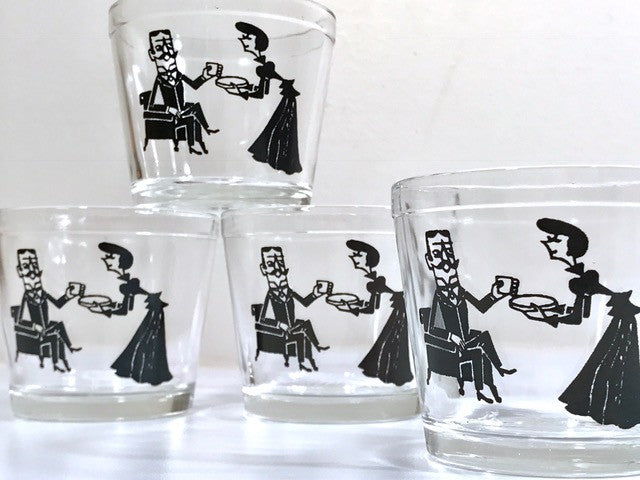 Hazel Atlas Mid-Century Cocktail Time Double Whiskey Glasses (Set of 4)