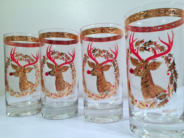 5 MCM Vintage Libbey Red Gold Reindeer Highball Glasses Atomic