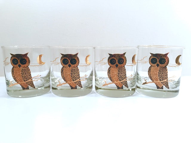 Couroc Signed Mid-Century Black and 22-Karat Gold Owl Old Fashion